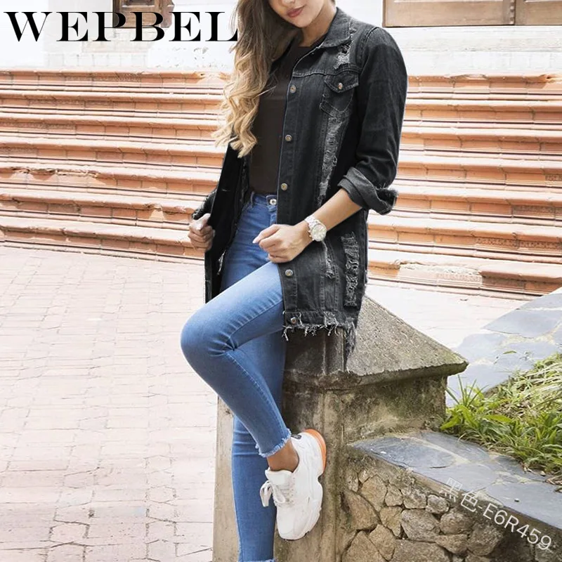

WEPBEL Autumn Women Long Sleeve Jean Coat Loose Long Button Slim Jackets Women Washed Jean Denim Jackets Ripped Jean Overcoat