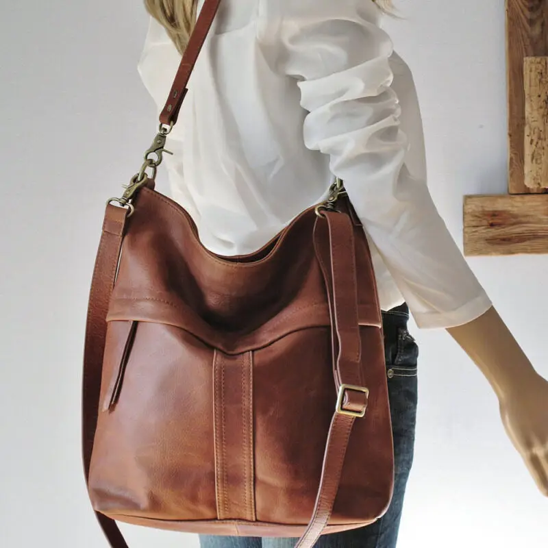 

PU Leather Large Capacity Bucket Bags Ladies Solid Color Vintage Shoulder Bag Shopping Handbags
