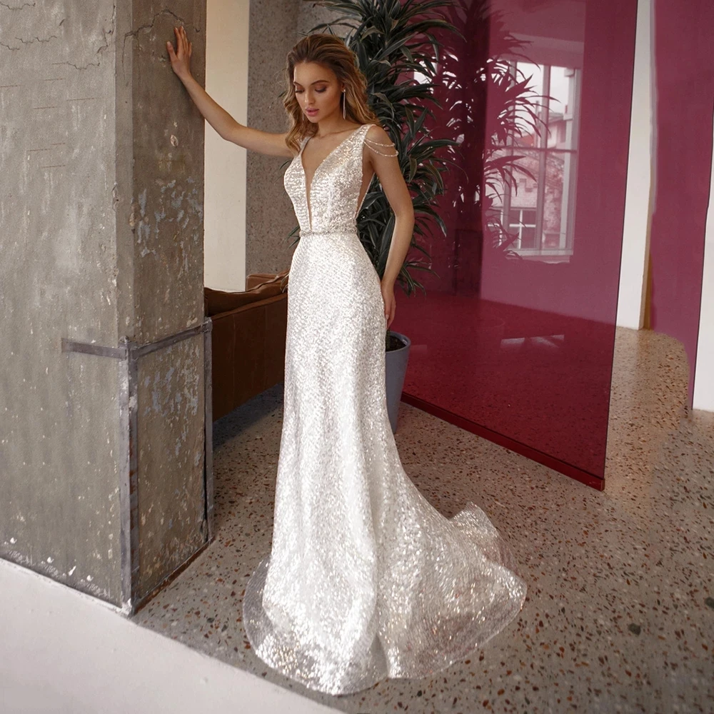 

Luxury Wedding Dress White V-Neck Court Train Mermaid Lace Sequined Backless Wedding Party De Fiesta Robe De Soiree