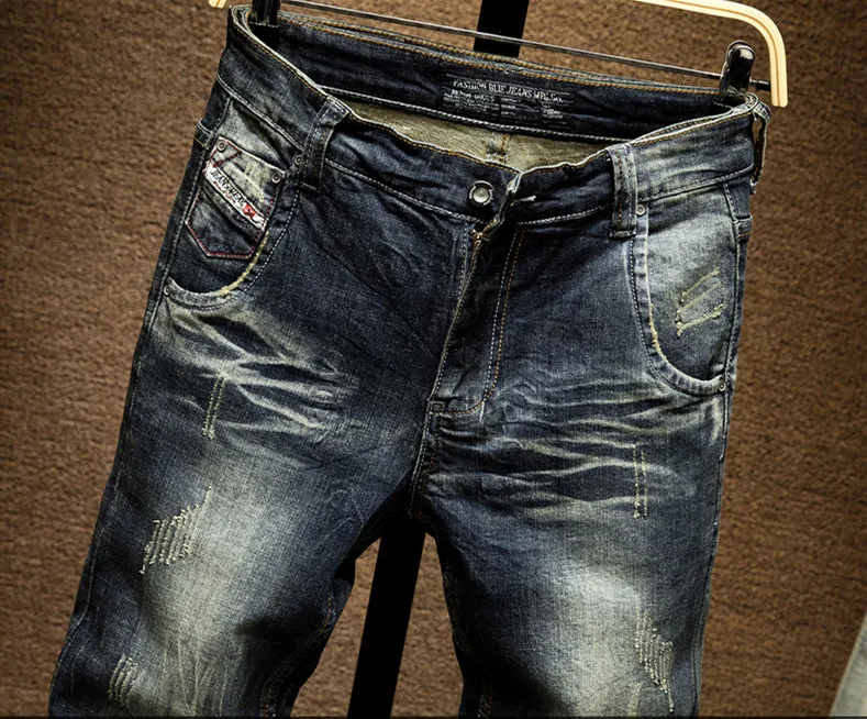 Мужские уличные винтажные простые синие обтягивающие джинсы в стиле хип хоп из