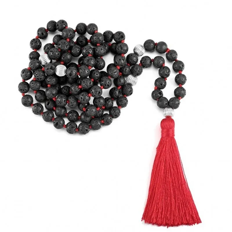 

8mm Black Lava Rock Stone Bead tassel Women long necklace