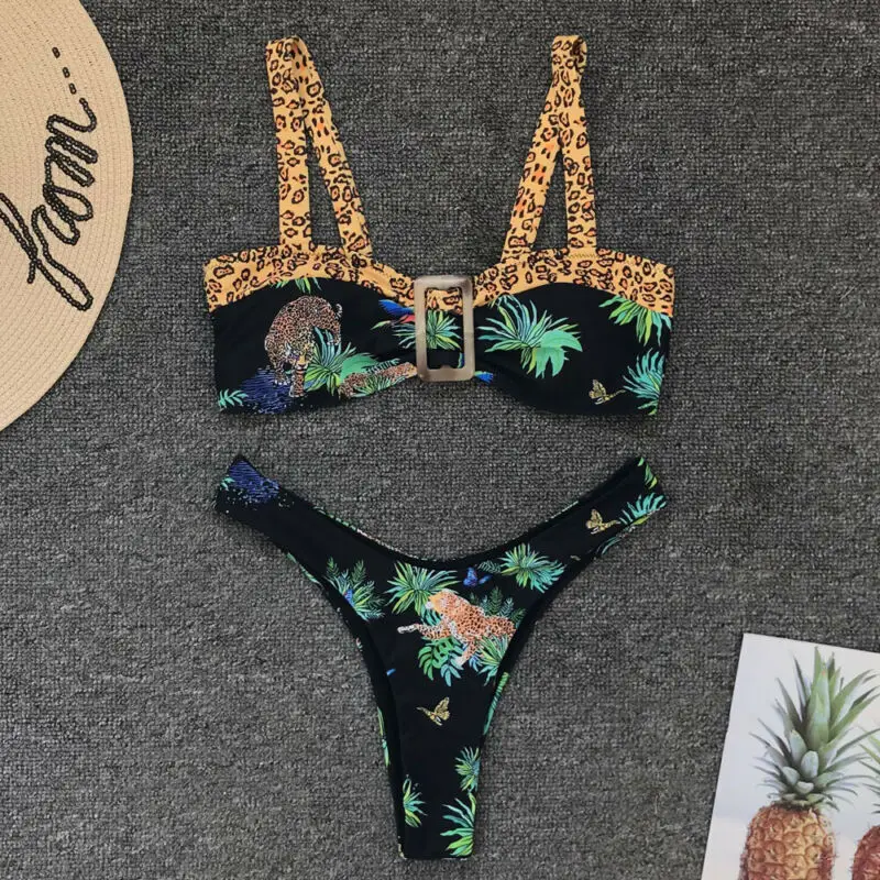

2020 комплект из двух предметов, женский бюстгальтер пуш-ап с подкладкой, Леопардовый принт, треугольный комплект бикини, купальник, пляжная о...