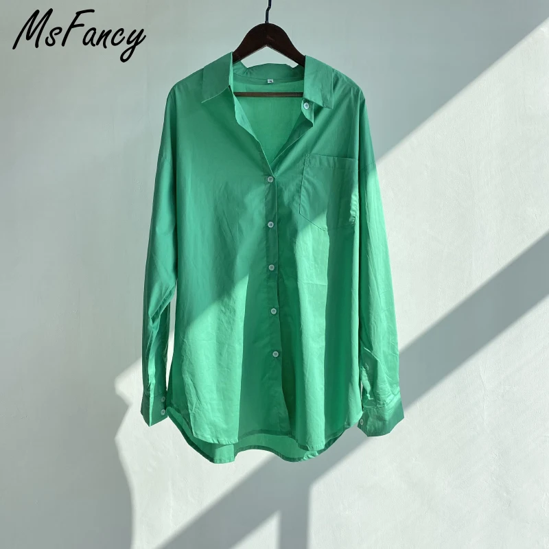 Зеленая женская рубашка Msfancy 2021 Y2K с длинным рукавом большие размеры повседневные