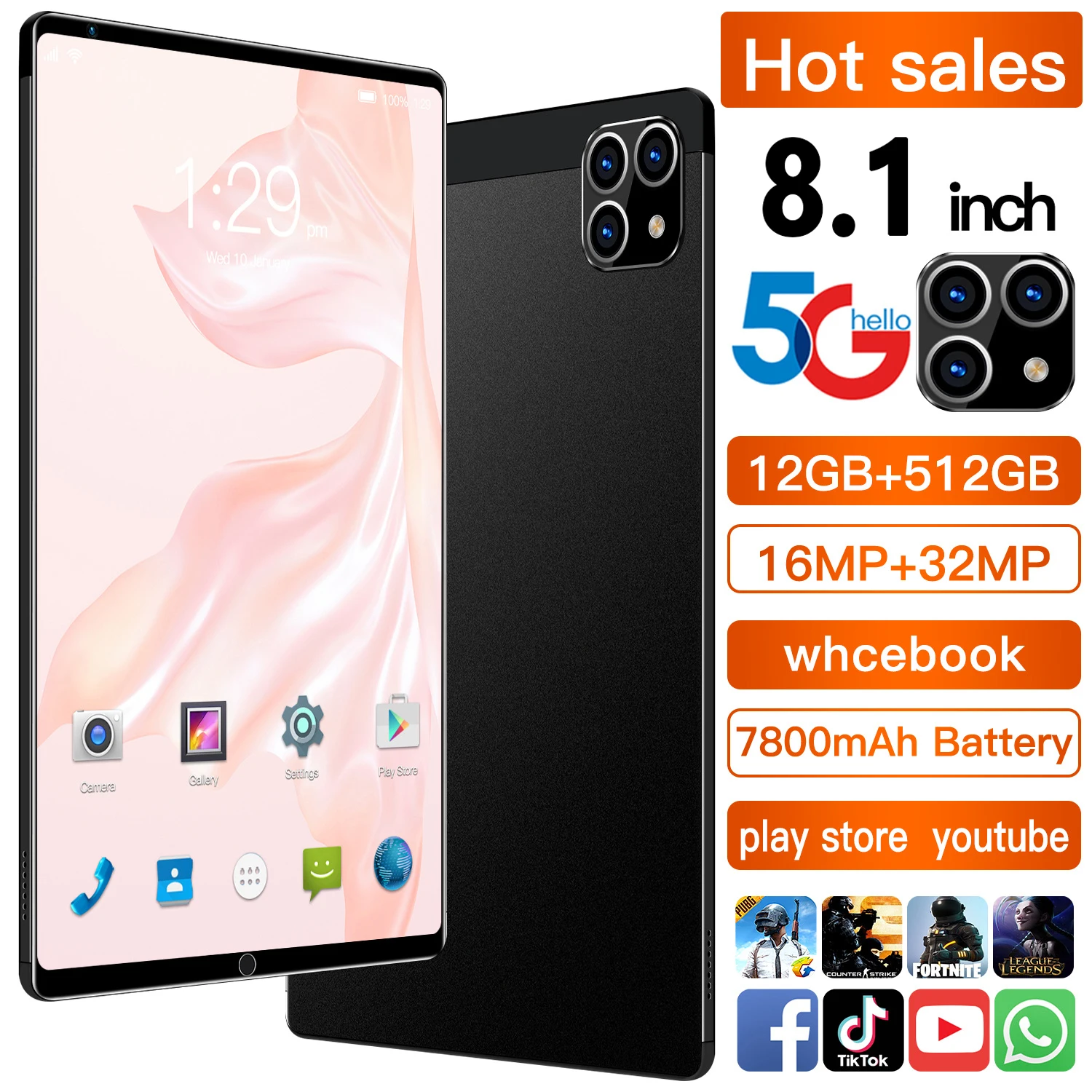 Планшетный ПК 8 1 дюйма 2560*1600 12 Гб + 512 ГБ ядер Android 10 0 Pad 7800 мАч 4G телефон с двумя SIM