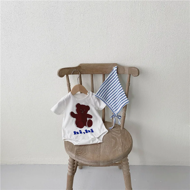 

2021 Summer New Newborn Infant Baby Boy Girl Soft Cartoon Pictures Bodysuit Toddler Kid Cotton Short Sleeve Bodysuits With Hat