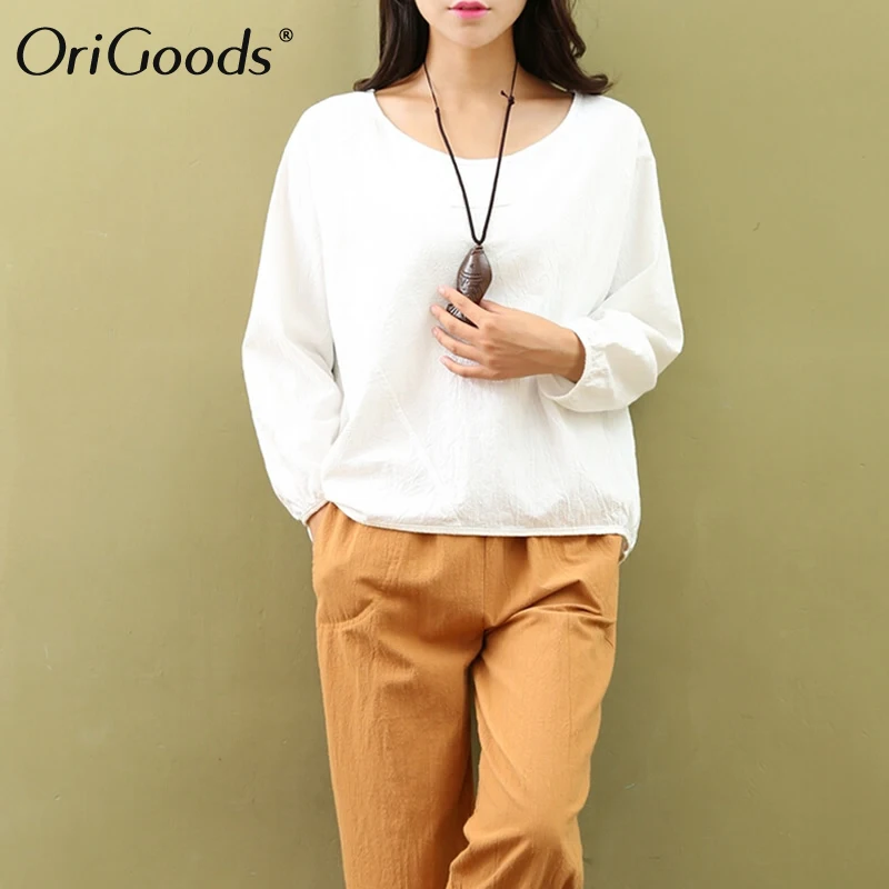 Женская хлопковая льняная блузка с круглым вырезом и длинным рукавом|blusas plus|women