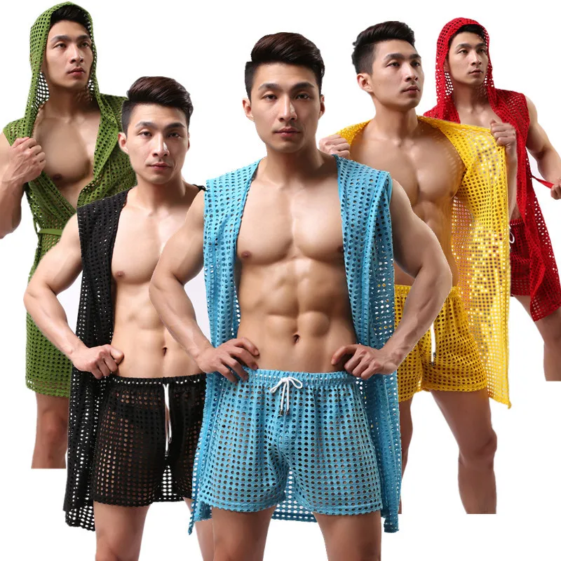 

Мужские пижамы, банные халаты, ночные рубашки, Повседневная Домашняя одежда, сексуальная ажурная сетка [без нижнего белья]