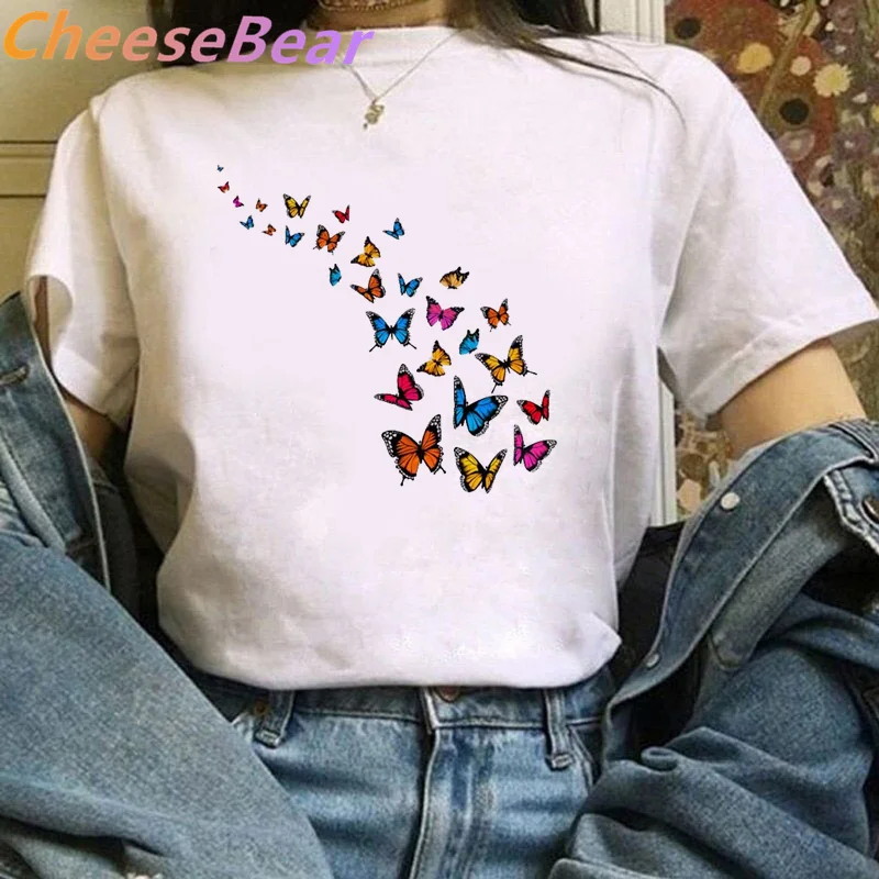 

Butterfly Printing Beach Short Sleeve Women Tshirt Lovely Graphic Fashion Female Clothes Tops Cartoon Lady Tees Print T-Shirt