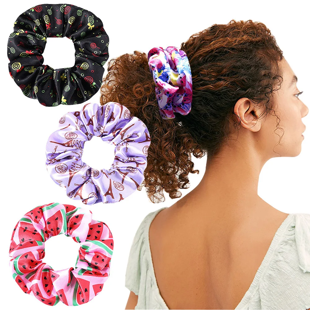 

Vintage Satin Hair Scrunchies Kids Scrunchie Women Elastic Hair Bands Girls Headwear Print Silky Donut Grip Loop Ponytail Holder