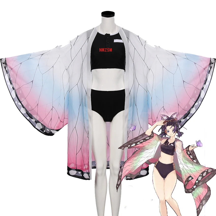 

Kochou Shinobu Swimsuit Cosplay Demond Slayer Tops Shorts with Butterfly Cloak Black Swimwear Woman Bathing Suits