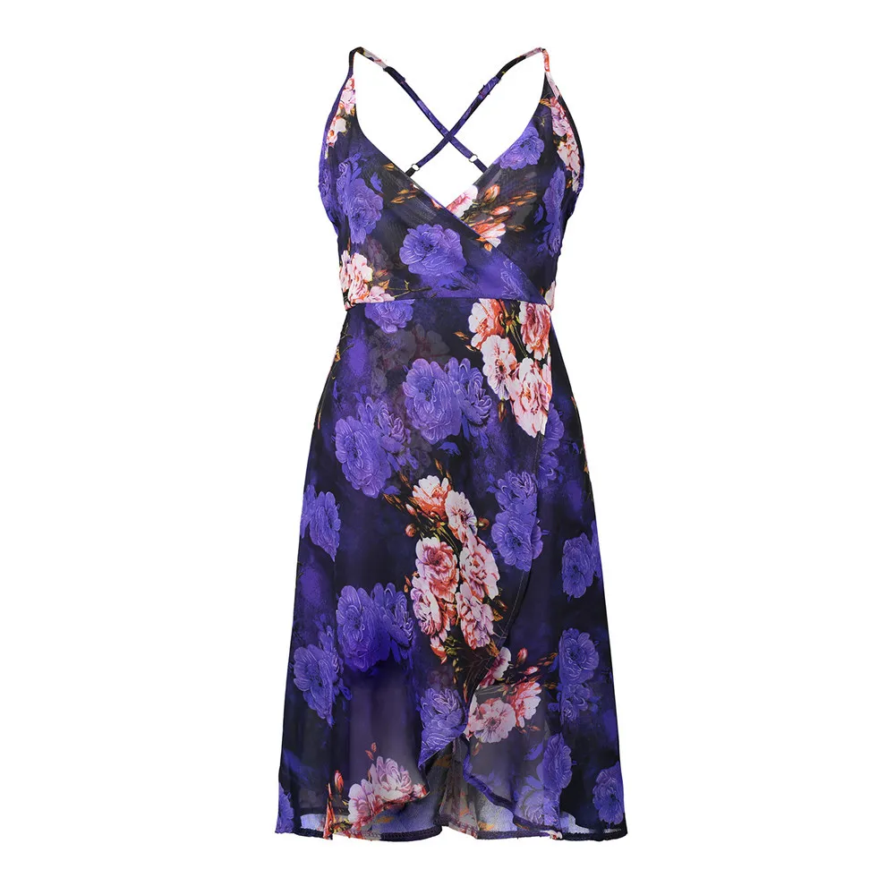 

YRRETY New Summer Women Casual Dress Sleeveless Backless Printed Boho Beach Fashion Women Floral Party V Neck Split Dresses