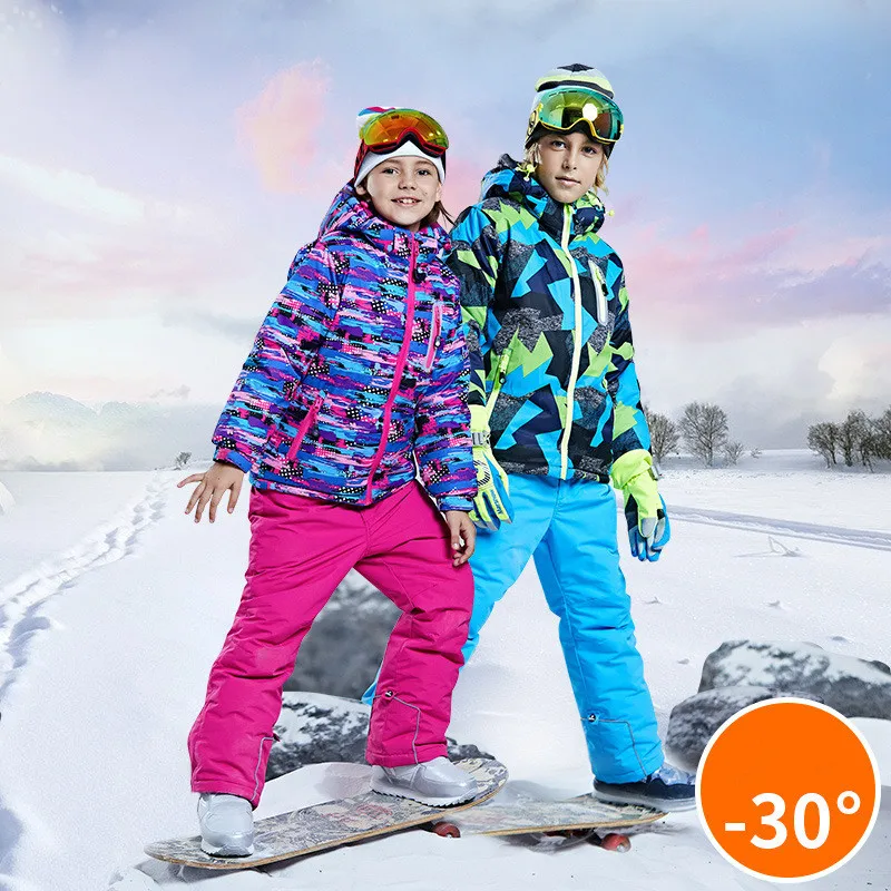 

-30 Winter Waterproof Childrens Snowboard Sets Boy Girl Warm Skiing Jacket Pant Hooded Fleece Inside Skiing Suit Clothings Teen