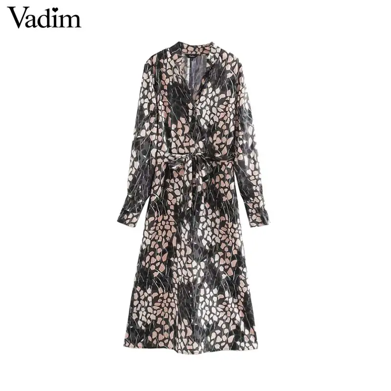 Vadim women chic V neck midi dress long sleeve bow tie sashes side zipper female stylish dresses straight vestidos QD140 | Женская