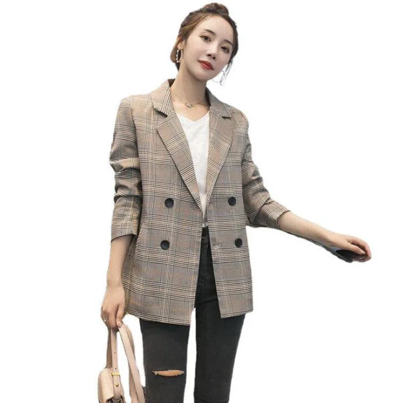 

Sister Fara New Female Spring Blazer Jacket Office Lady Double Breasted Plaid Notched Collar Autumn Pockets Women Suits Coat