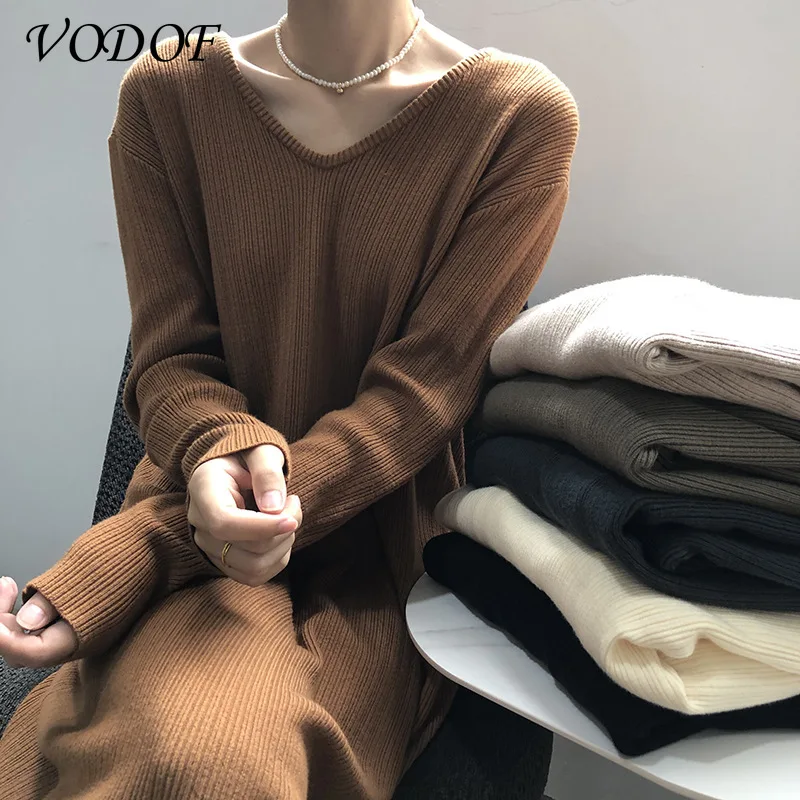 VODOF 2021 Autumn Knit Dress Women Korean Fashion High Waist Base Long Elegant Winter Sweater Straight Pullover