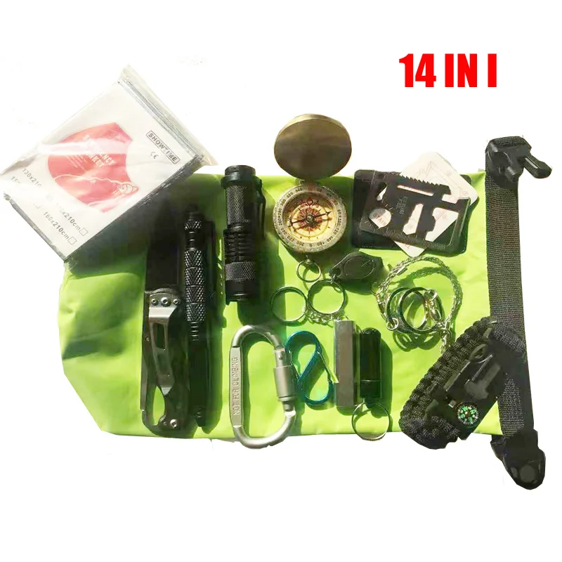 Waterproof Bag Set Набор для выживания, набор военных инструментов для кемпинга, набор помощи, Мультитул, EDC, браслет для выживания, свисток, аварийное одеяло, нож - Цвет: Waterproof Bag Set