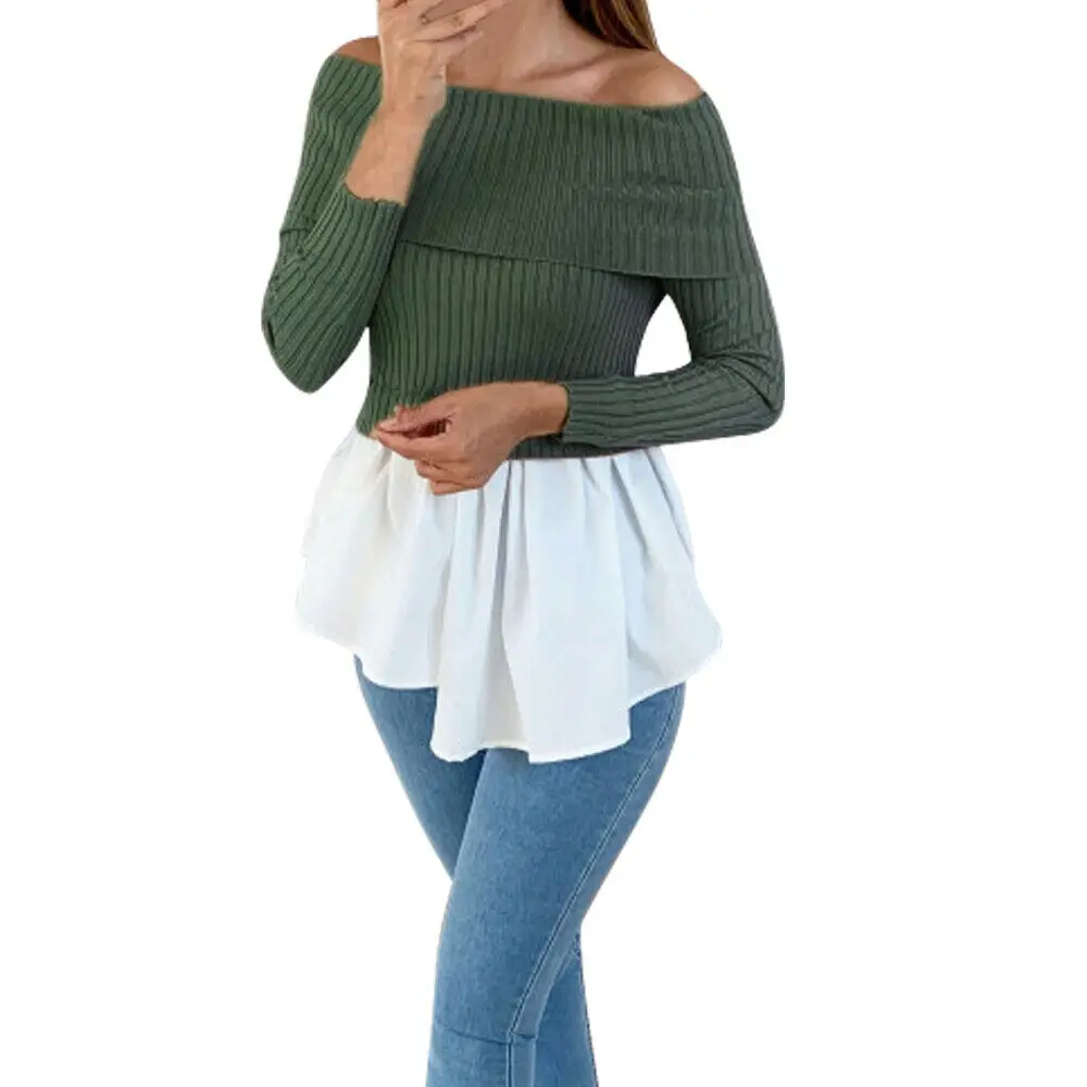

Sexy Women Patchwork Ruched Sweater Slash Neck Long Pullover 2020 Autumn Winter New Solid Basic Knitted Fashion Casual Sweaters
