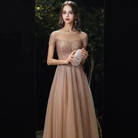 luxury champagne evening dress 2021 lace sequin beaded sheer neck a line long prom dress short sleeves wedding party guest gowns
