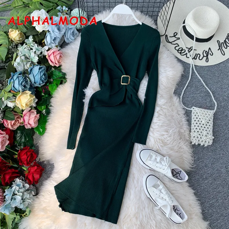 Женское Облегающее вязаное платье ALPHALMODA с длинными рукавами V образным вырезом и