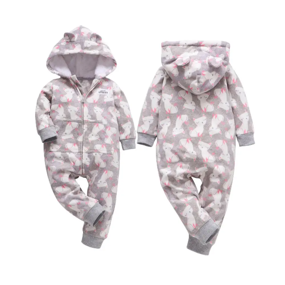 Gray cat Зимняя одежда bebes, комбинезон для девочек, пижамы для младенцев, флисовый Детский комбинезон с капюшоном, детская одежда с рисунком лисы, теплая одежда для маленьких мальчиков - Цвет: Gray cat