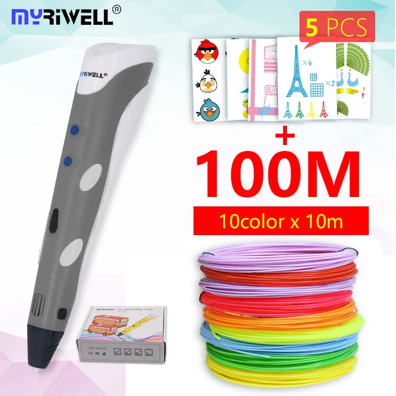 Myriwell, 3D Ручка, 3d ручка, RP-100A, pla, 1,75 мм, abs нить, 3d печать, ручка, 3 d ручка, инструмент для рисования, для детей, подарок на день рождения - Цвет: Gray and abs100
