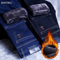 shiyiku 2020 winter new mens warm slim fit jeans business fashion thicken denim trousers fleece stretch brand pants black blue