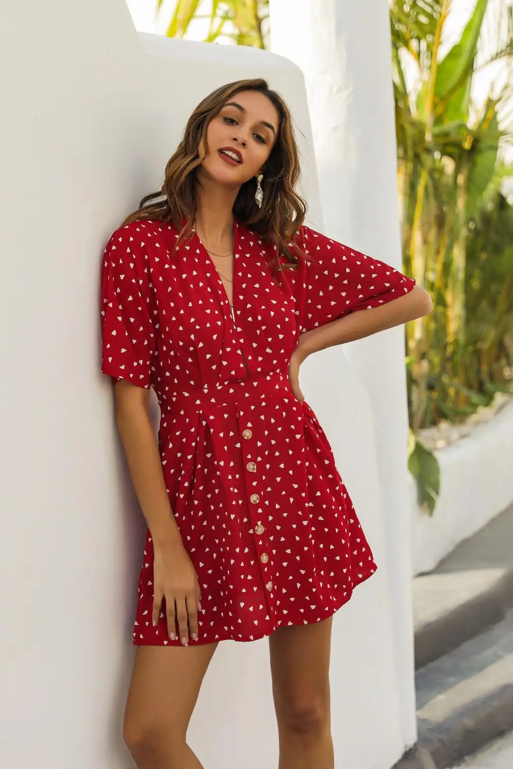 

2020 European and American summer button open back V-neck red love dress