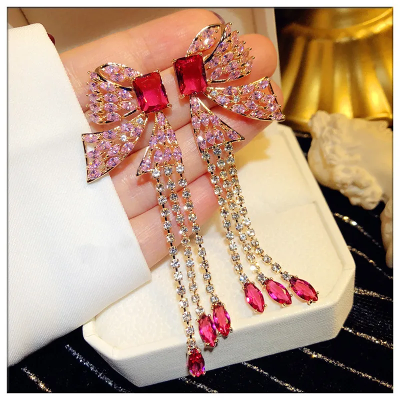 

S925 SILVER NEEDLES DROP EARRINGS FOR WOMEN VINTAGE PINK BUTTERFLY TASSELS LONG CUBIC ZIRCONIA EARDROP TEMPERAMENT FINE JEWELRY