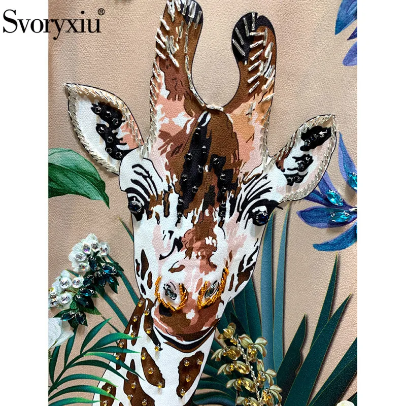 Svoryxiu подиум на заказ лето мультфильм жираф печати свободное платье женские короткий рукав Кристалл Алмаз Мода короткие платья