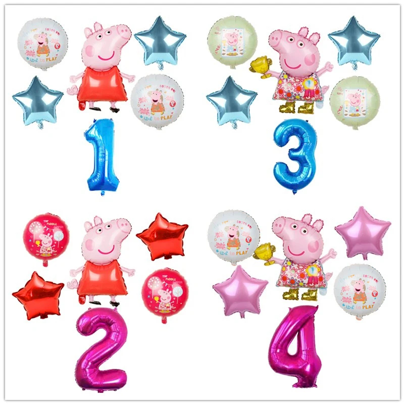 6 шт. с рисунком из мультфильма Свинка Пеппа Фольга воздушные шары 32 дюймов номер