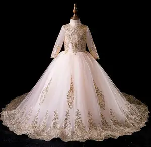 Платье принцессы; Золотистые кружевные платья с цветочным узором для девочек; Детская одежда; Торжественное вечернее свадебное платье; Платья для выпускного вечера