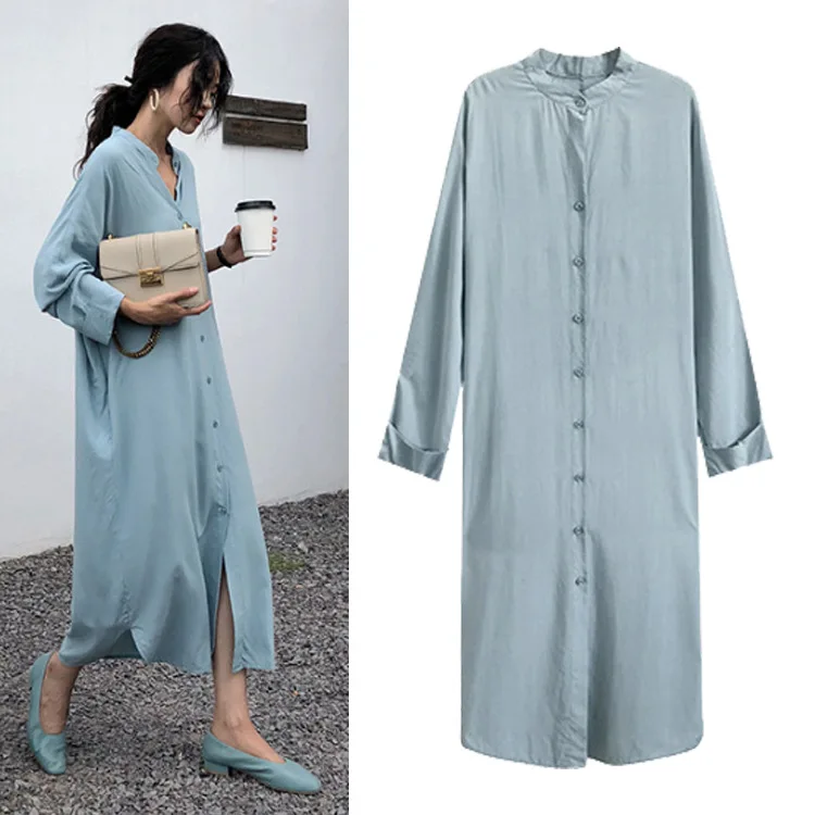 

Woman Long Shirt Dress Loose Single-Breasted Long-Sleeved Thin Shirt Long Dress Casual Oversized Pure Midi Dresses