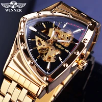 winner steampunk swiss design mens double side skeleton transparent golden stainless steel mens automatic mechanical male watch