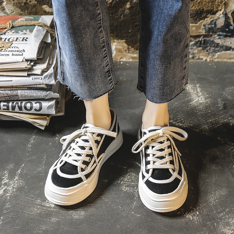 

2021 summer new big head canvas shoes women's casual lace up trendy shoes chic retro port style flat soled shoes