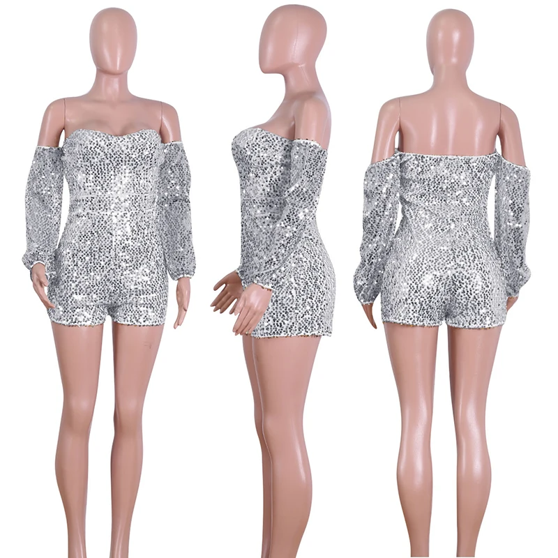 

Strapless long sleeve sequined rompers womens jumpsuit Summer 2019 Off shoulder short jumpsuit Sexy club outfits sequin overlla