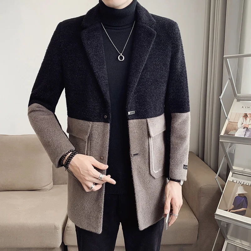 Autumn Winter Wool Blends Jacket Men's Mid-length Stitching Casual Business Trench Coats Social Streetwear Overcoat Men Clothing