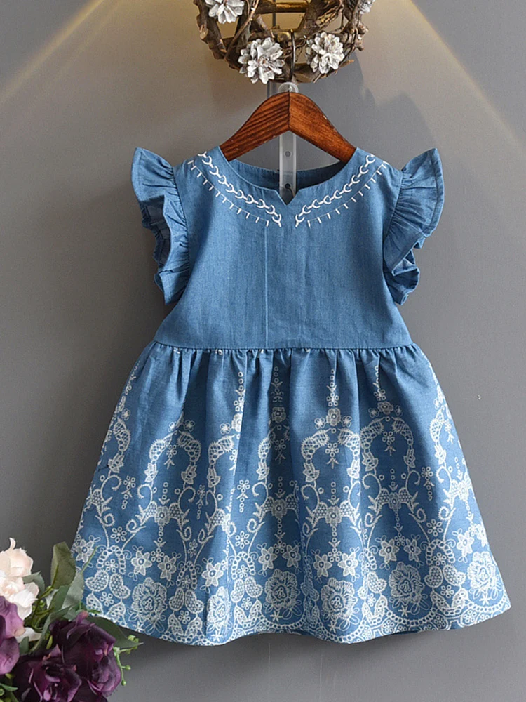 

Kid Summer Denim Dress Flying Sleeve Casual Party Clothes Girls Fashion Embroidered Dress Little Girl Clothing 3-8 Years