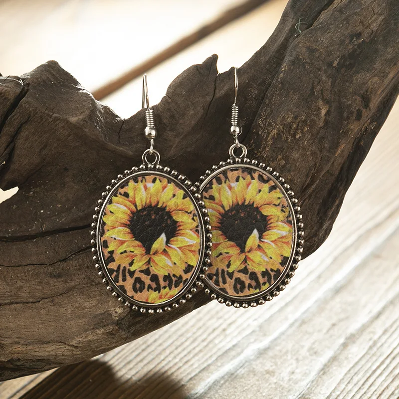 

1 Pair Sunflower Earrings for Women Water Drop Leopard PU Leather Earrings Women Girls Fashion Jewelry Accessories Dropship New