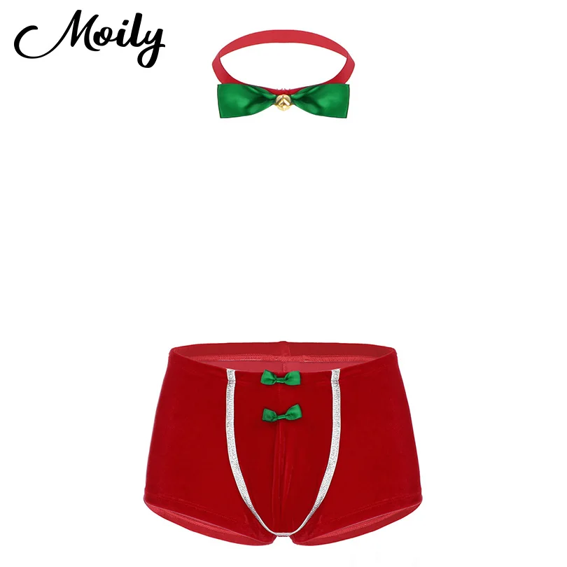 

Мужские бархатные трусы, рождественские трусы-боксеры, костюм для косплея, со средней посадкой, с выпуклым карманом спереди, боксеры, нижнее белье с бантиками