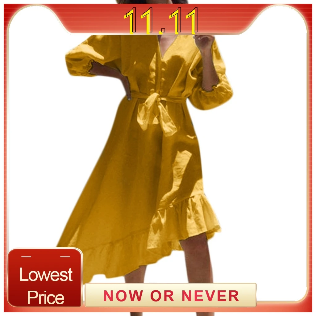 Модное женское платье с пуговицами спереди Бандажное однотонное