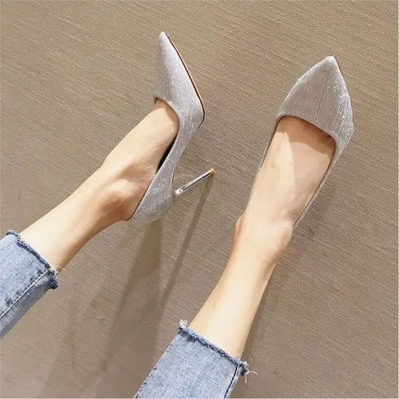 

2021 Spring Fashion Women 's Shoes Woman High Heels Pointed Toe Glitter Pumps Female Sexy Brides Wedding Shoes Silver Gold Black