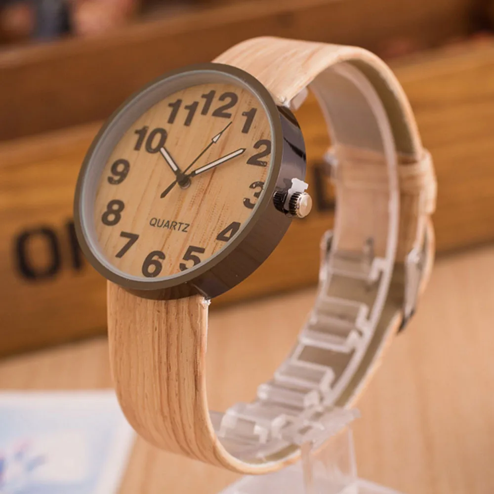 

CasualWood Grain Leather Quartz Watches Women Round Dial Wristwatches Female Fashion Watch Clothing Accessories Zegarek Damski