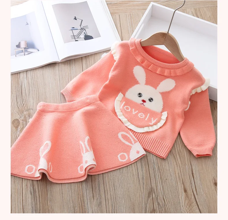 Baby girl clothes autumn and winter sweater dress two-piece cartoon cute rabbit warm knitted suit | Детская одежда и обувь