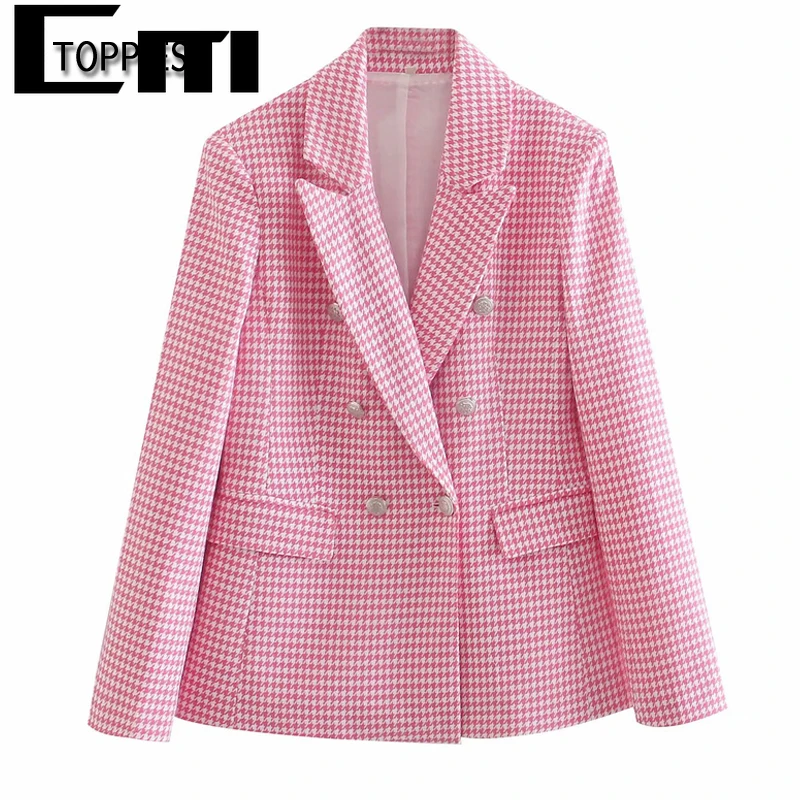 

Toppies 2021 Summer Pink Houndstooth Blazer Office Ladies Suit Jacket Double Breasted Plaid Blazer Women Clothes