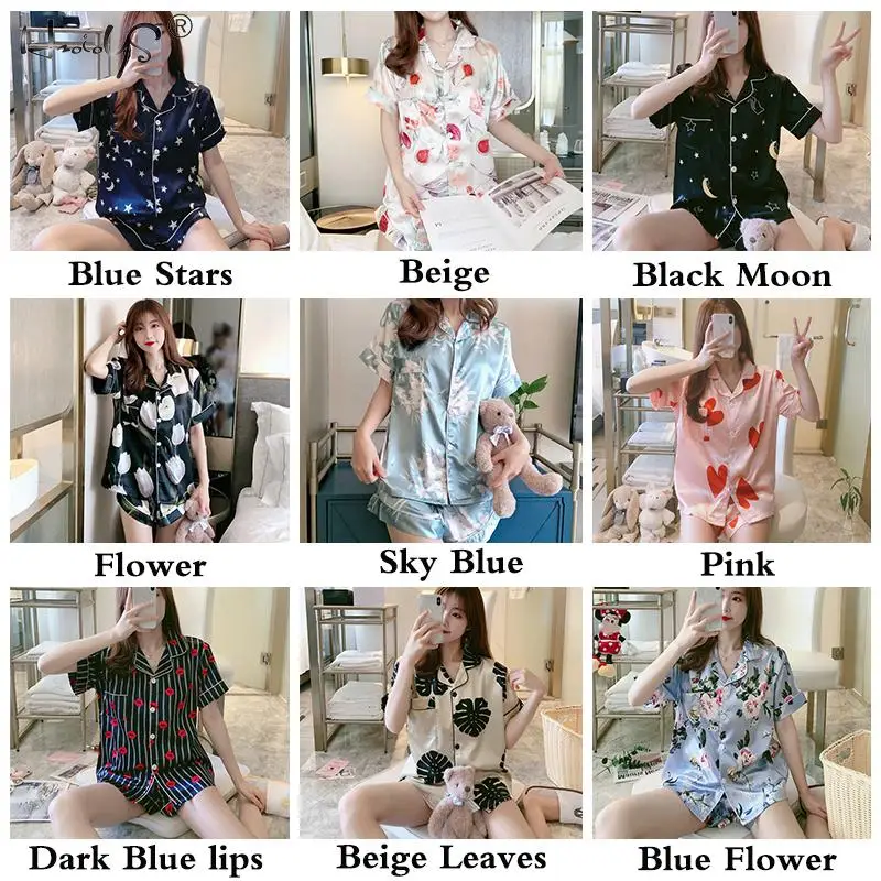 Пижама женская атласная с коротким рукавом пижама принтом звезд Луны цветов