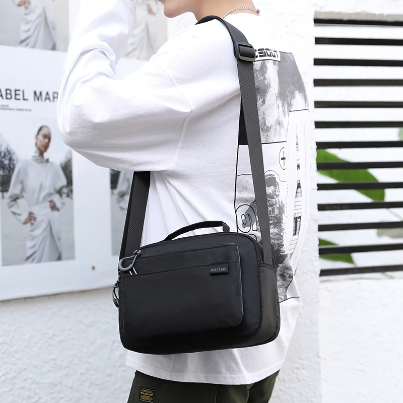 Black Shoulder Bag Men's Nylon Waterproof Messenger Small Solid Soft Zipper Horizontal Multi-pocket Travel Handbag |