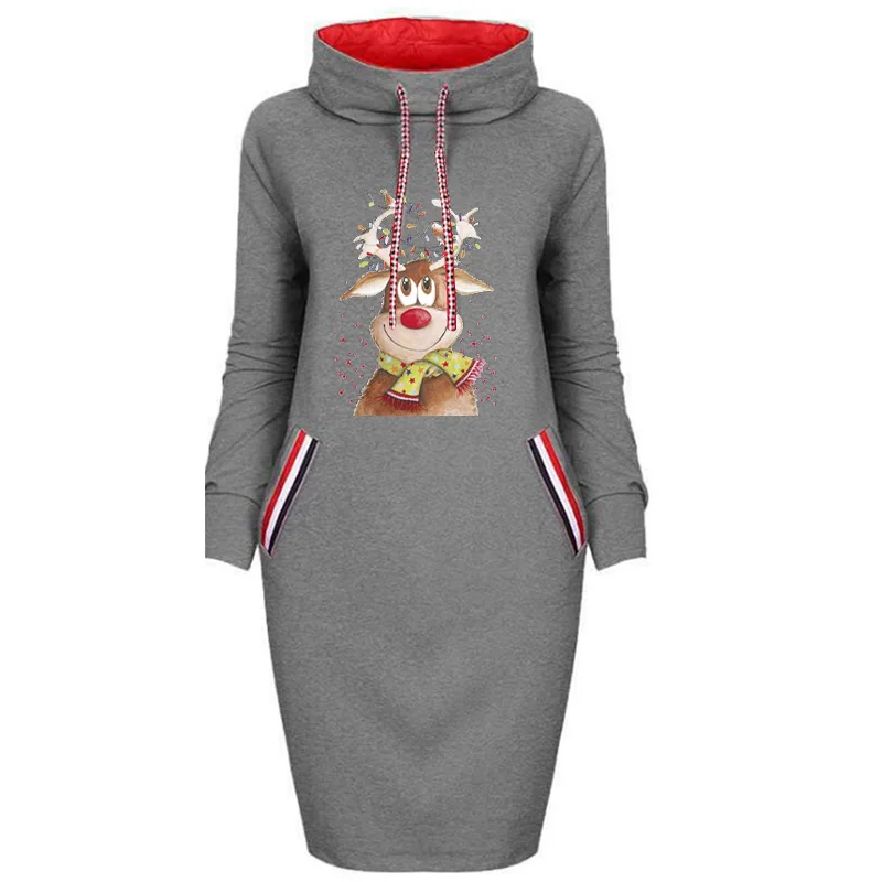 

Thin Dress Kawaii Reindeer Print Plus Size Christmas Clothes Long Sleeve Bodycon Party Sweatshirt Short Dress