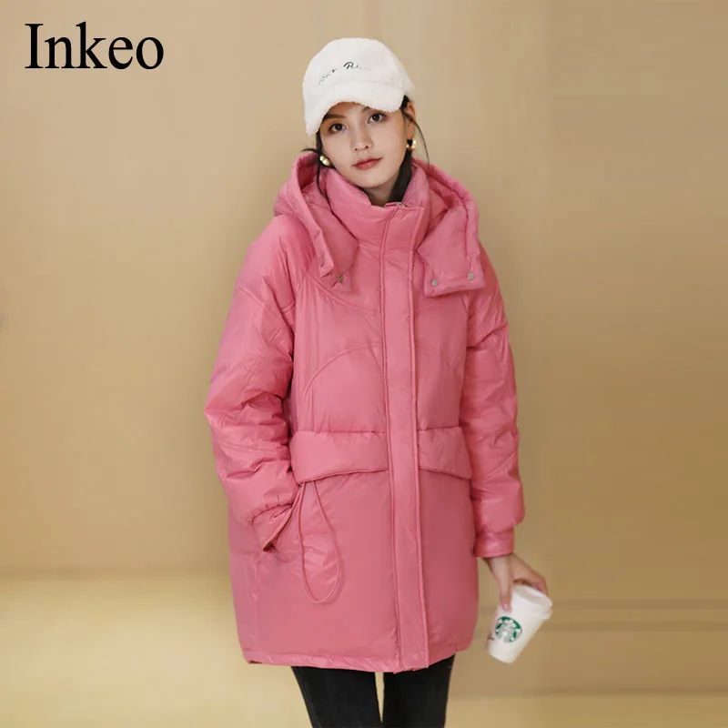 

2021 Winter Female Oversized Hooded Down jacket Solid Warm Fashion 90% White duck down Coat Korean style Overcoat INKEO 1O188