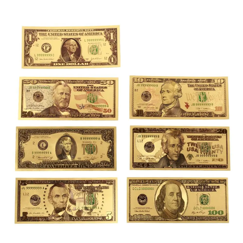 7PCS Dollars-1PC 100 7 шт./8 шт. 1/2/5/10/20/50/100 доллар США банкнот купюр, банкнотной в 24-каратное Золотое напыление для выявления фальшивой валюты денег для подарков домашний декор - Цвет: 7PCS Dollars-1PC 100