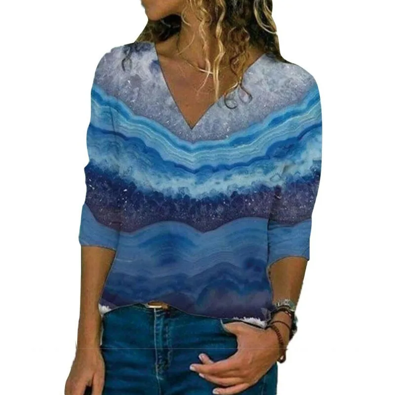 

Women Winter Long Sleeve Landscape Printed Ladies V-neck Loose Tops T-Shirt UK